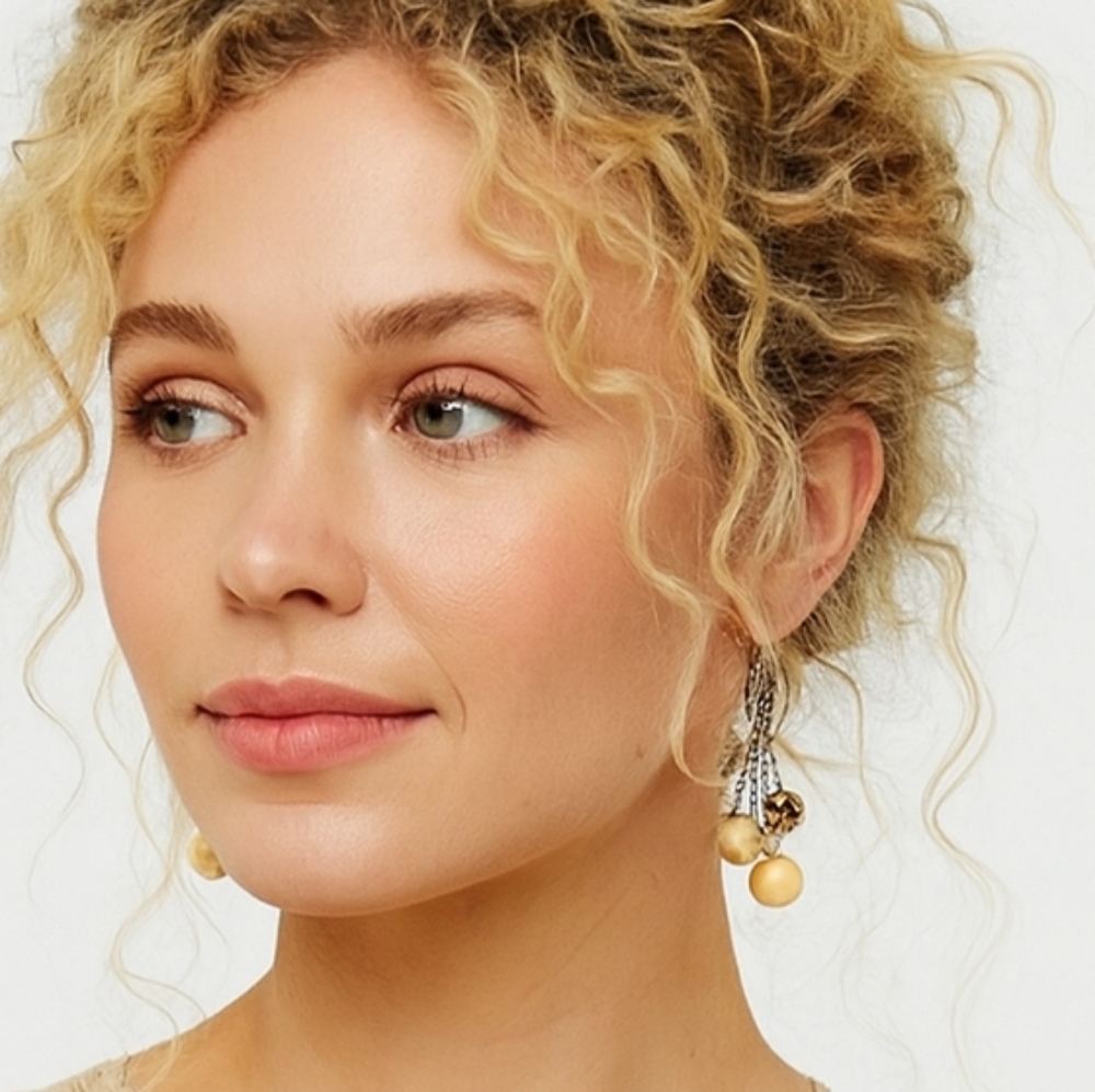 Gold Tone Triple Chain Bead Drop Earrings Champagne Amber Dangle Boho